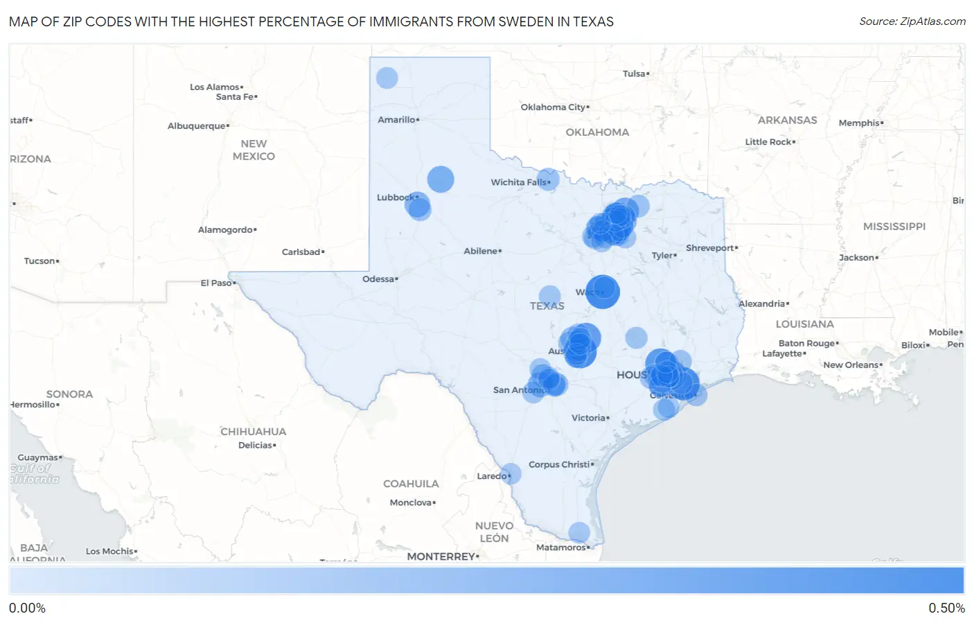 Zip Codes with the Highest Percentage of Immigrants from Sweden in Texas Map