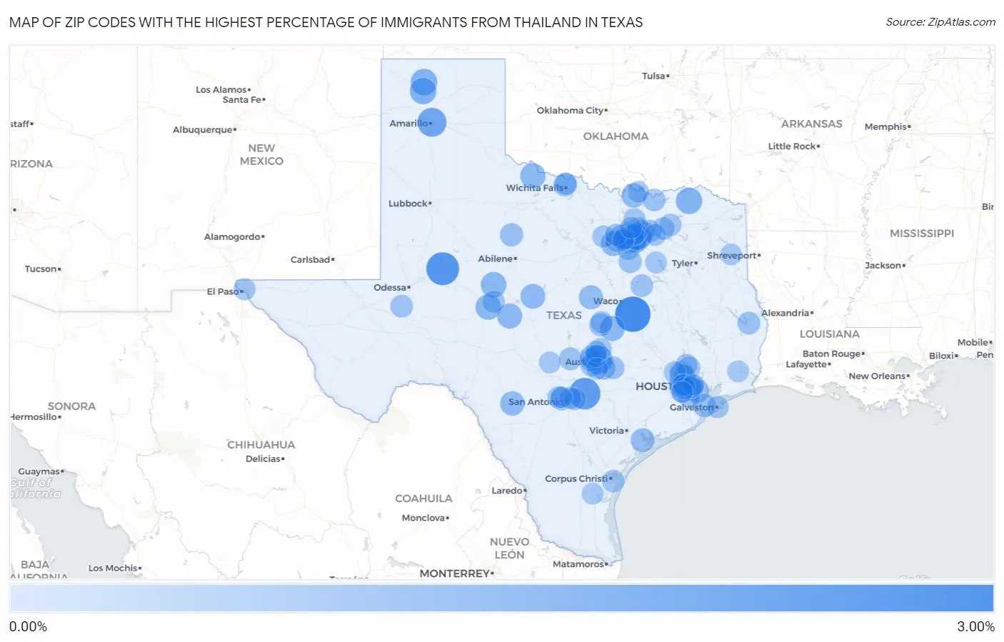 Zip Codes with the Highest Percentage of Immigrants from Thailand in Texas Map
