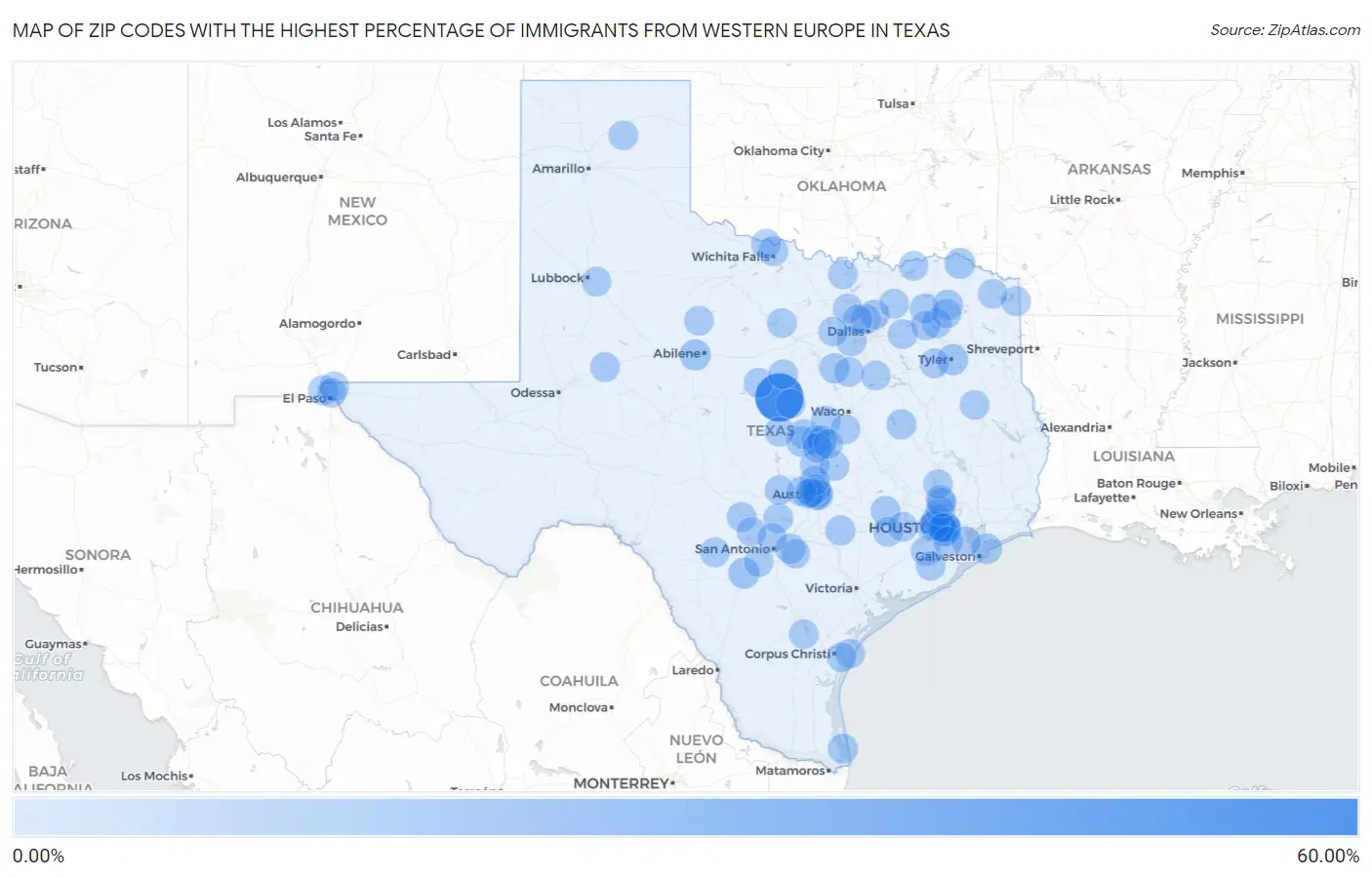 Zip Codes with the Highest Percentage of Immigrants from Western Europe in Texas Map