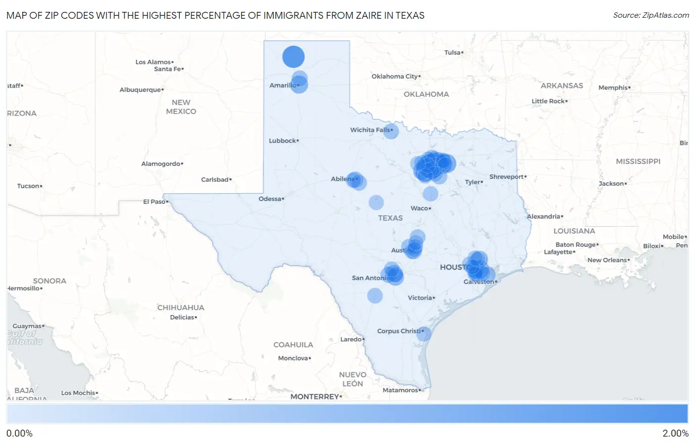 Zip Codes with the Highest Percentage of Immigrants from Zaire in Texas Map