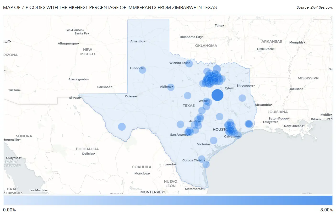 Zip Codes with the Highest Percentage of Immigrants from Zimbabwe in Texas Map