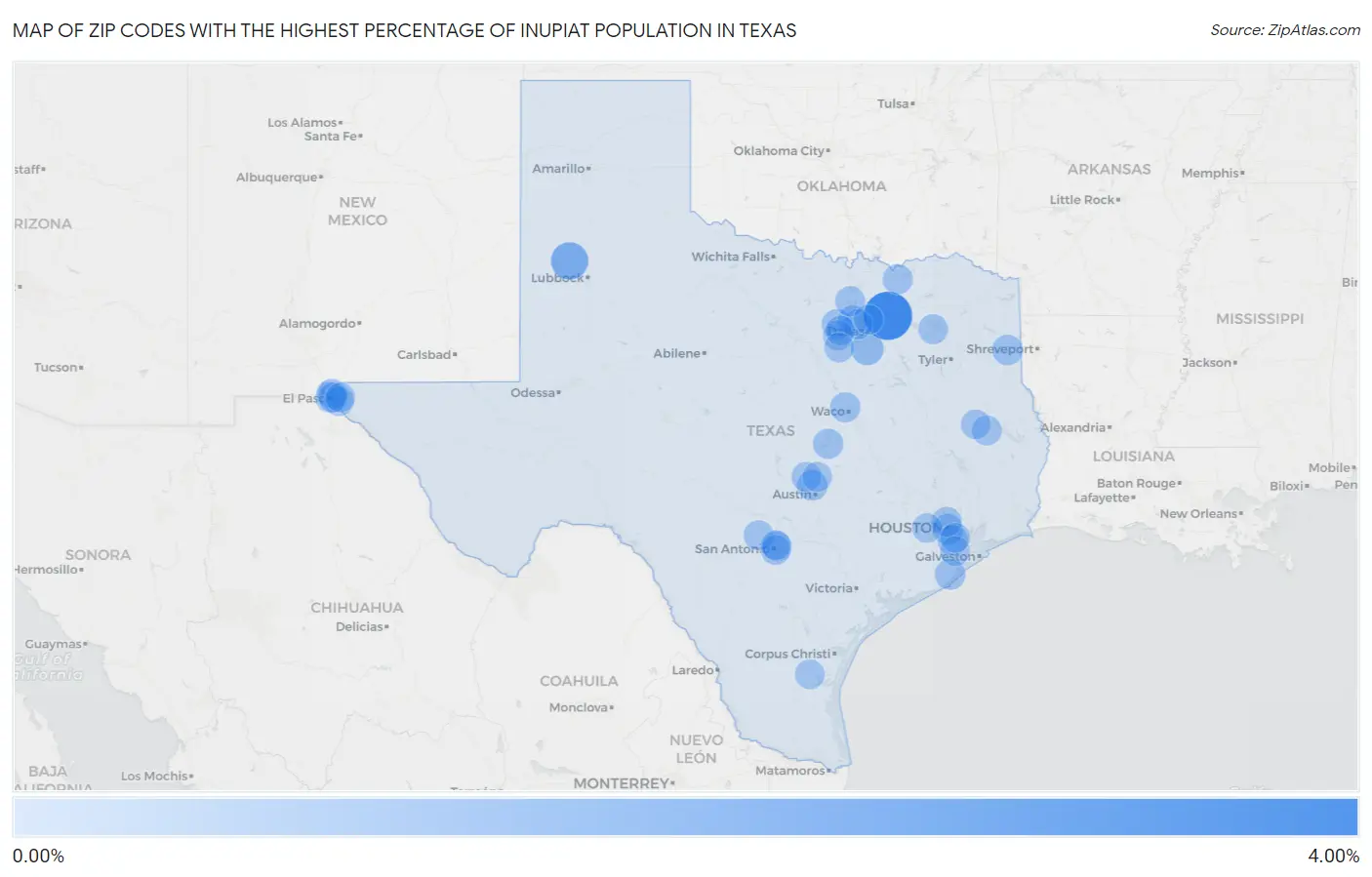 Zip Codes with the Highest Percentage of Inupiat Population in Texas Map