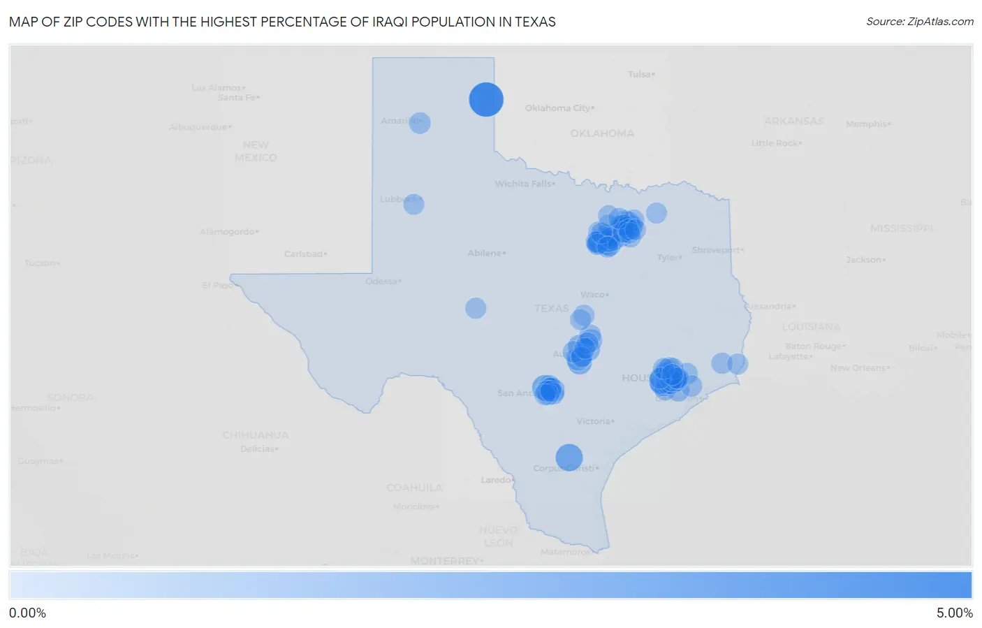 Zip Codes with the Highest Percentage of Iraqi Population in Texas Map