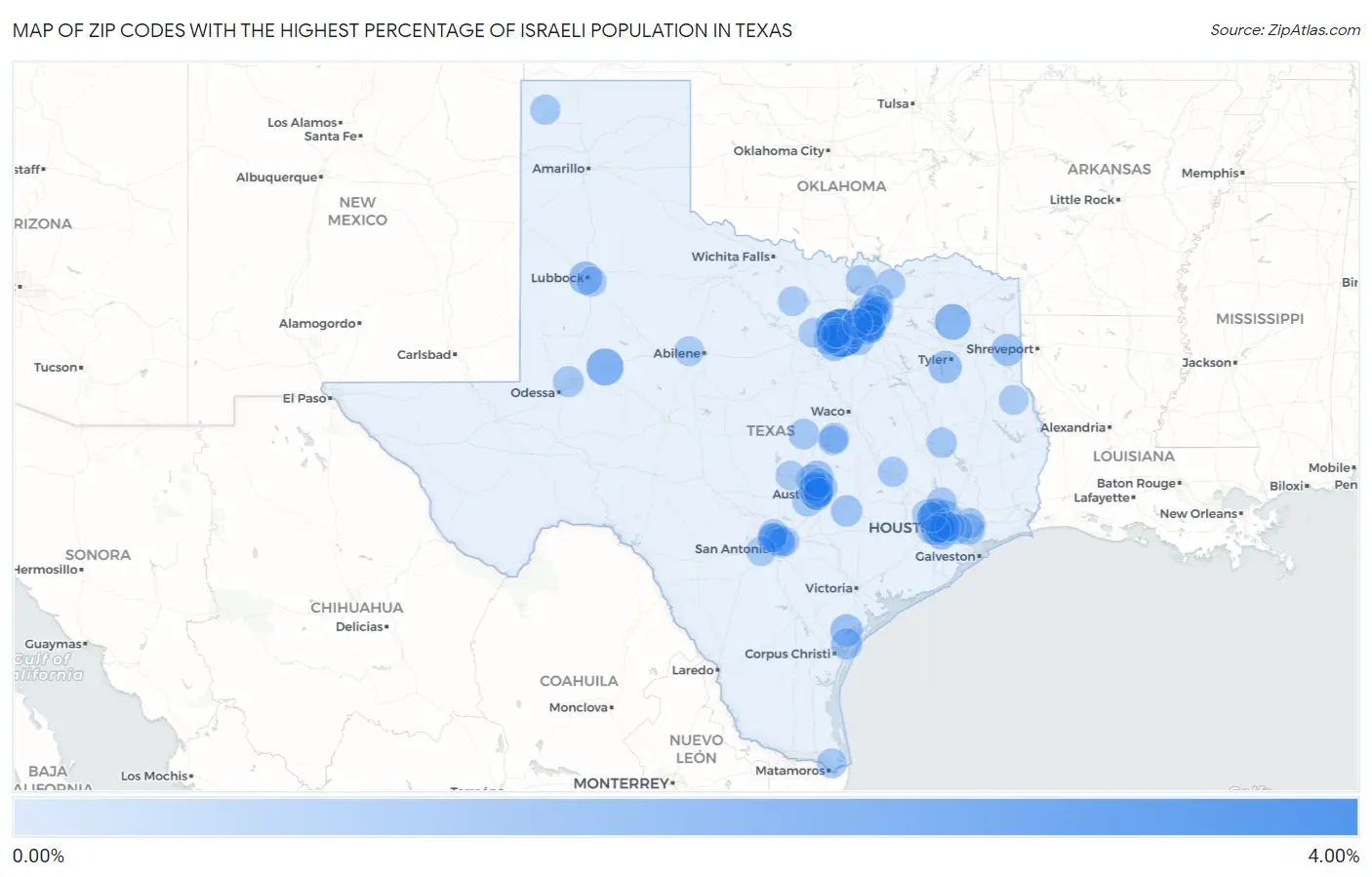 Zip Codes with the Highest Percentage of Israeli Population in Texas Map