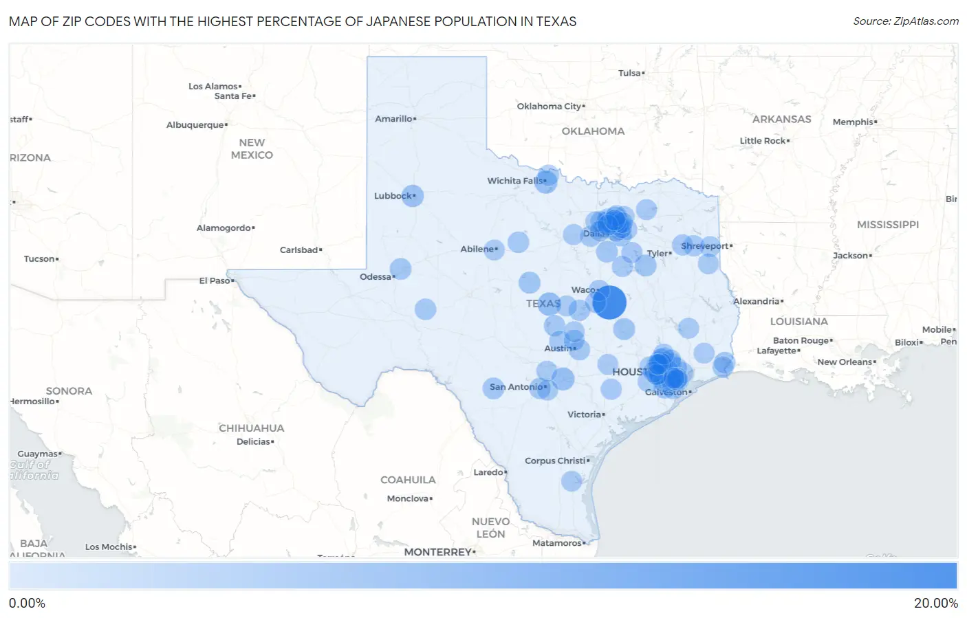 Zip Codes with the Highest Percentage of Japanese Population in Texas Map