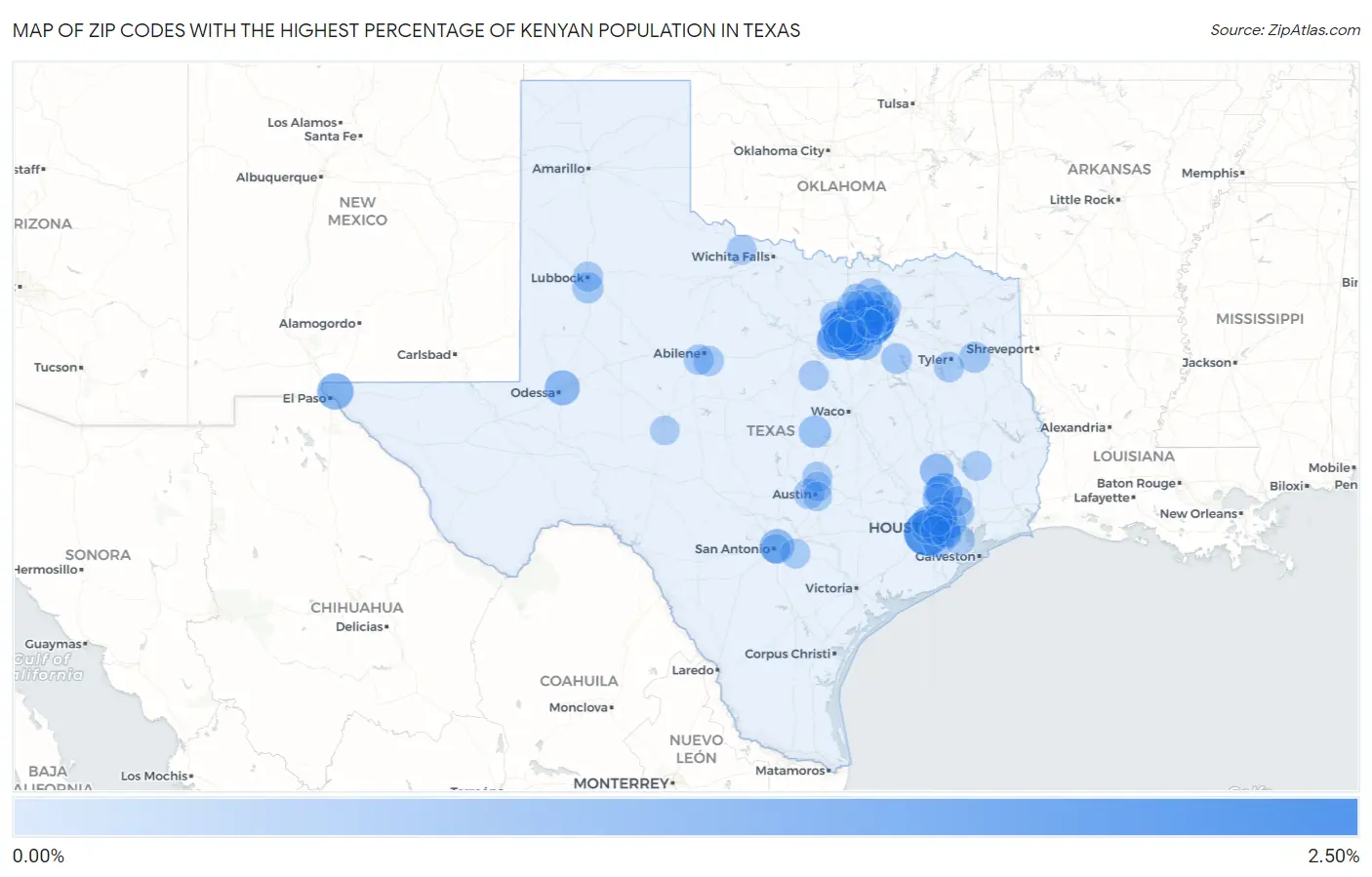 Zip Codes with the Highest Percentage of Kenyan Population in Texas Map