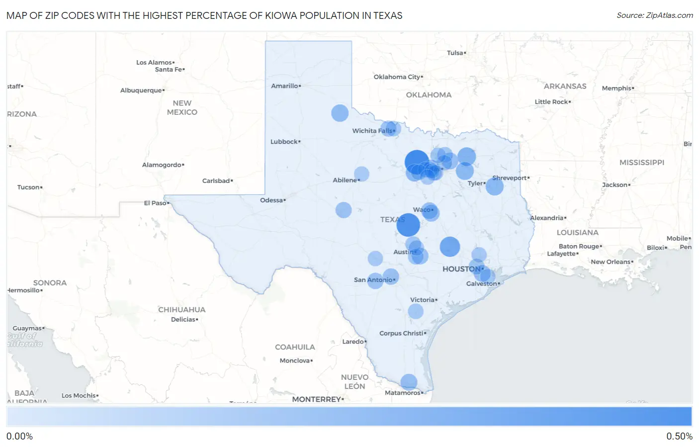 Zip Codes with the Highest Percentage of Kiowa Population in Texas Map