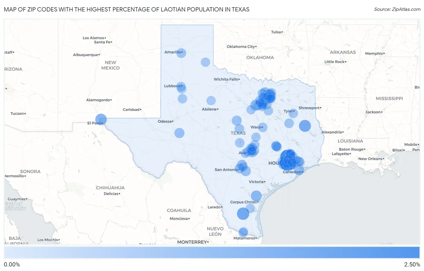 Zip Codes with the Highest Percentage of Laotian Population in Texas Map