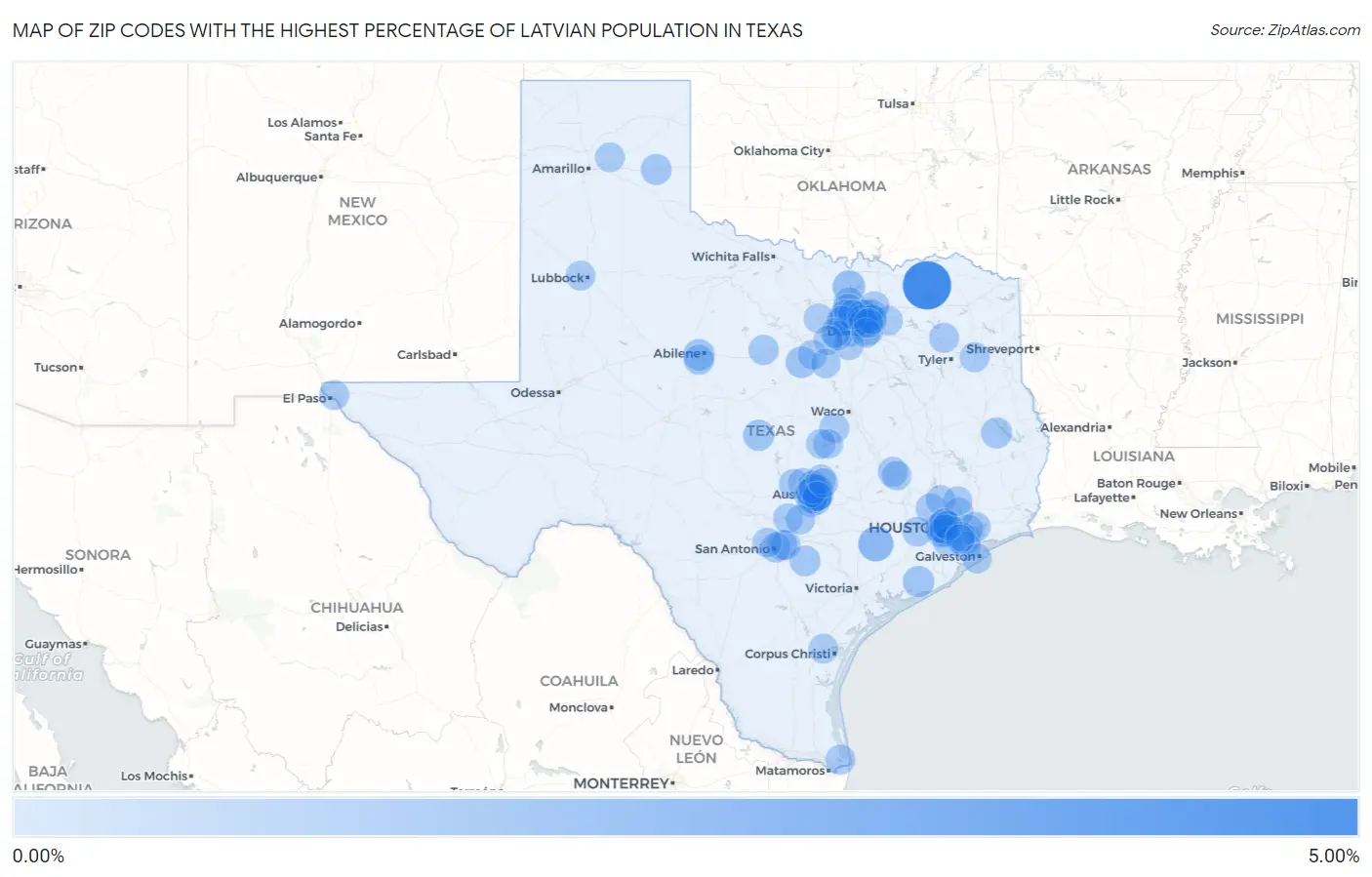 Zip Codes with the Highest Percentage of Latvian Population in Texas Map