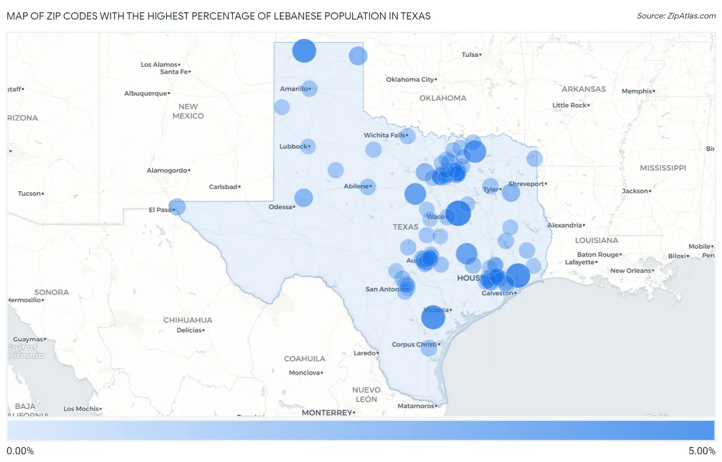 Zip Codes with the Highest Percentage of Lebanese Population in Texas Map