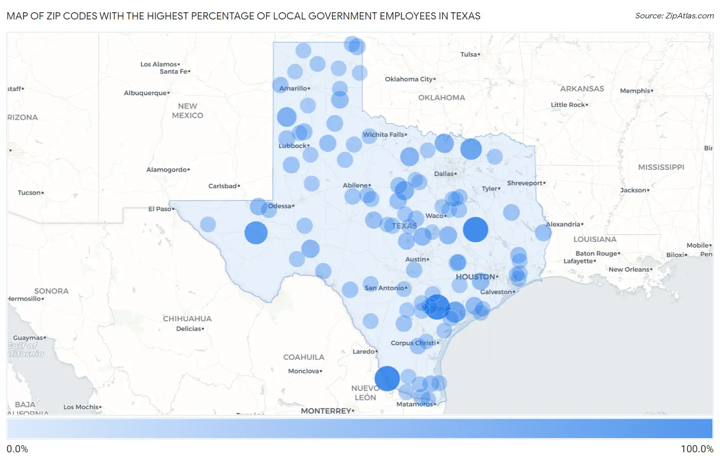 Zip Codes with the Highest Percentage of Local Government Employees in Texas Map