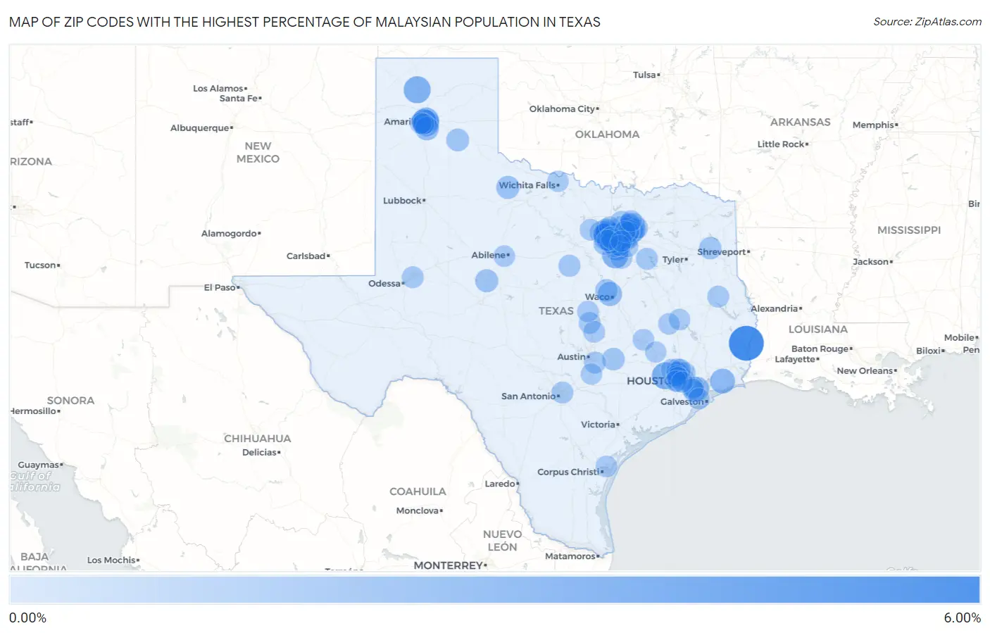 Zip Codes with the Highest Percentage of Malaysian Population in Texas Map