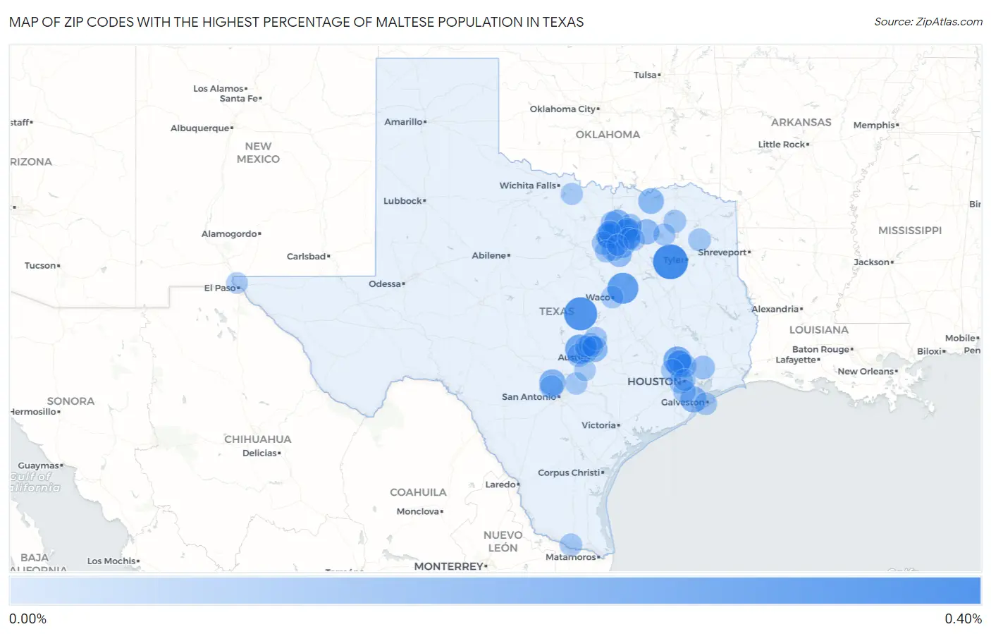 Zip Codes with the Highest Percentage of Maltese Population in Texas Map