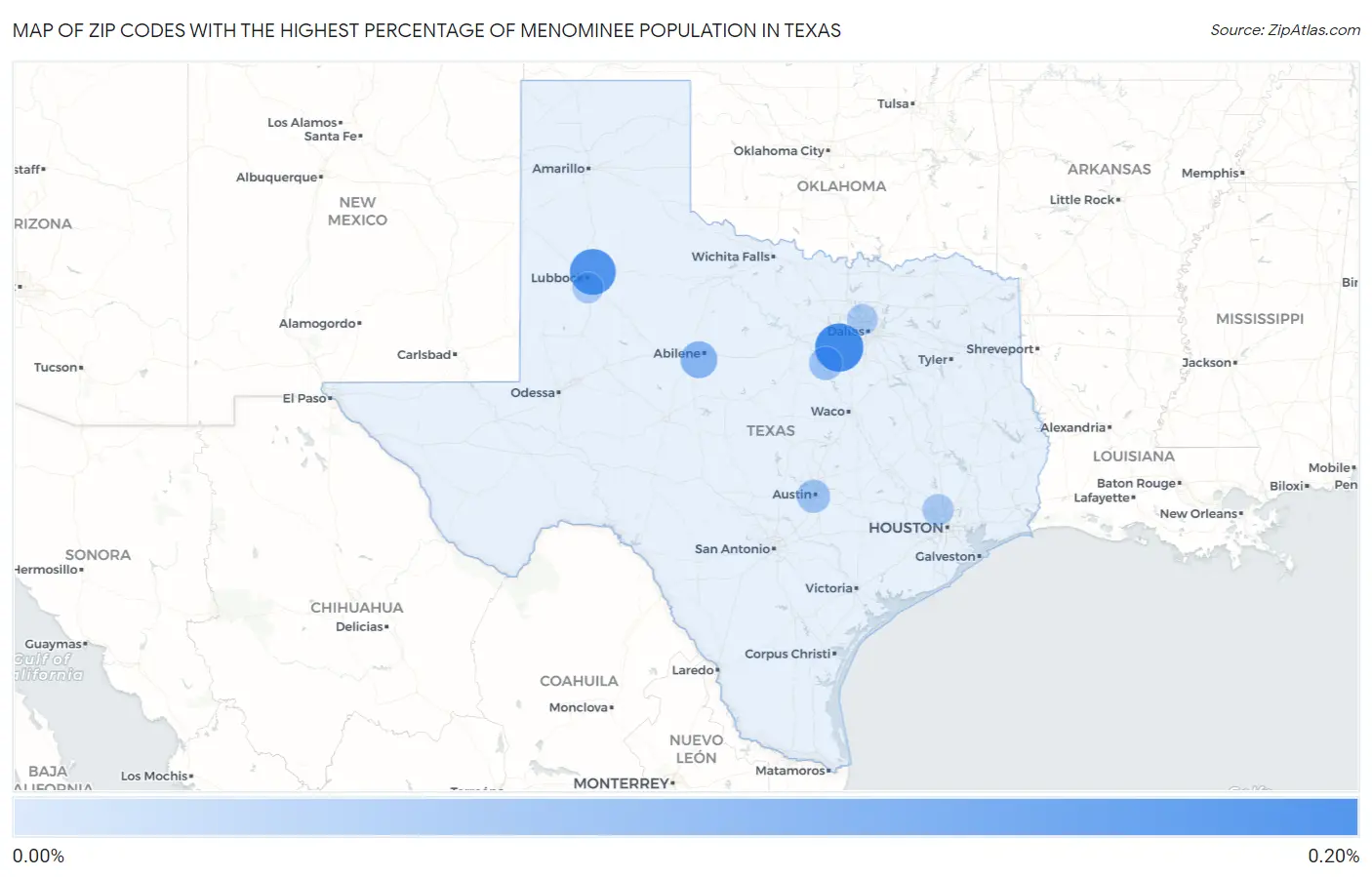 Zip Codes with the Highest Percentage of Menominee Population in Texas Map