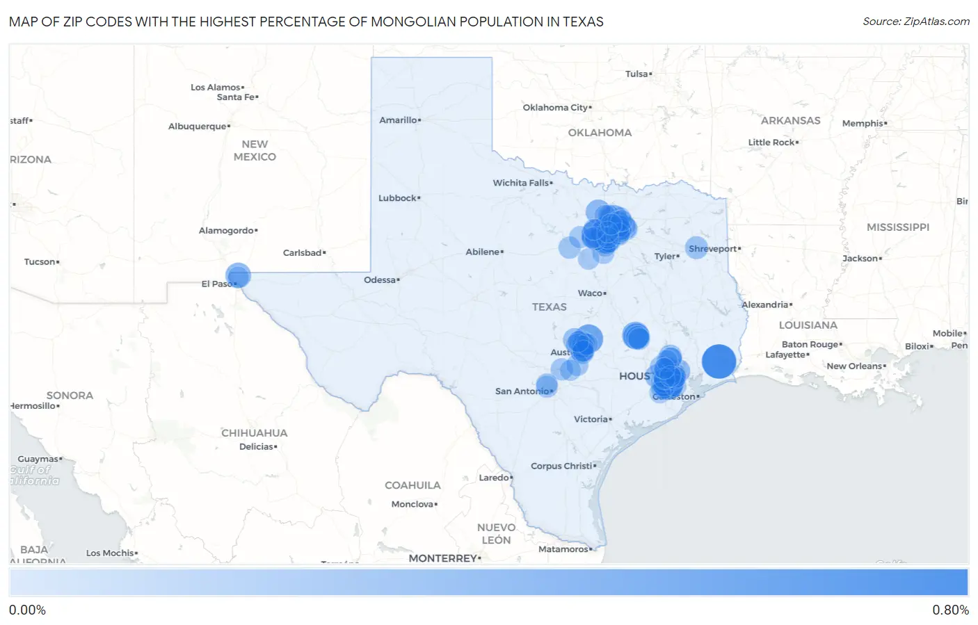 Zip Codes with the Highest Percentage of Mongolian Population in Texas Map