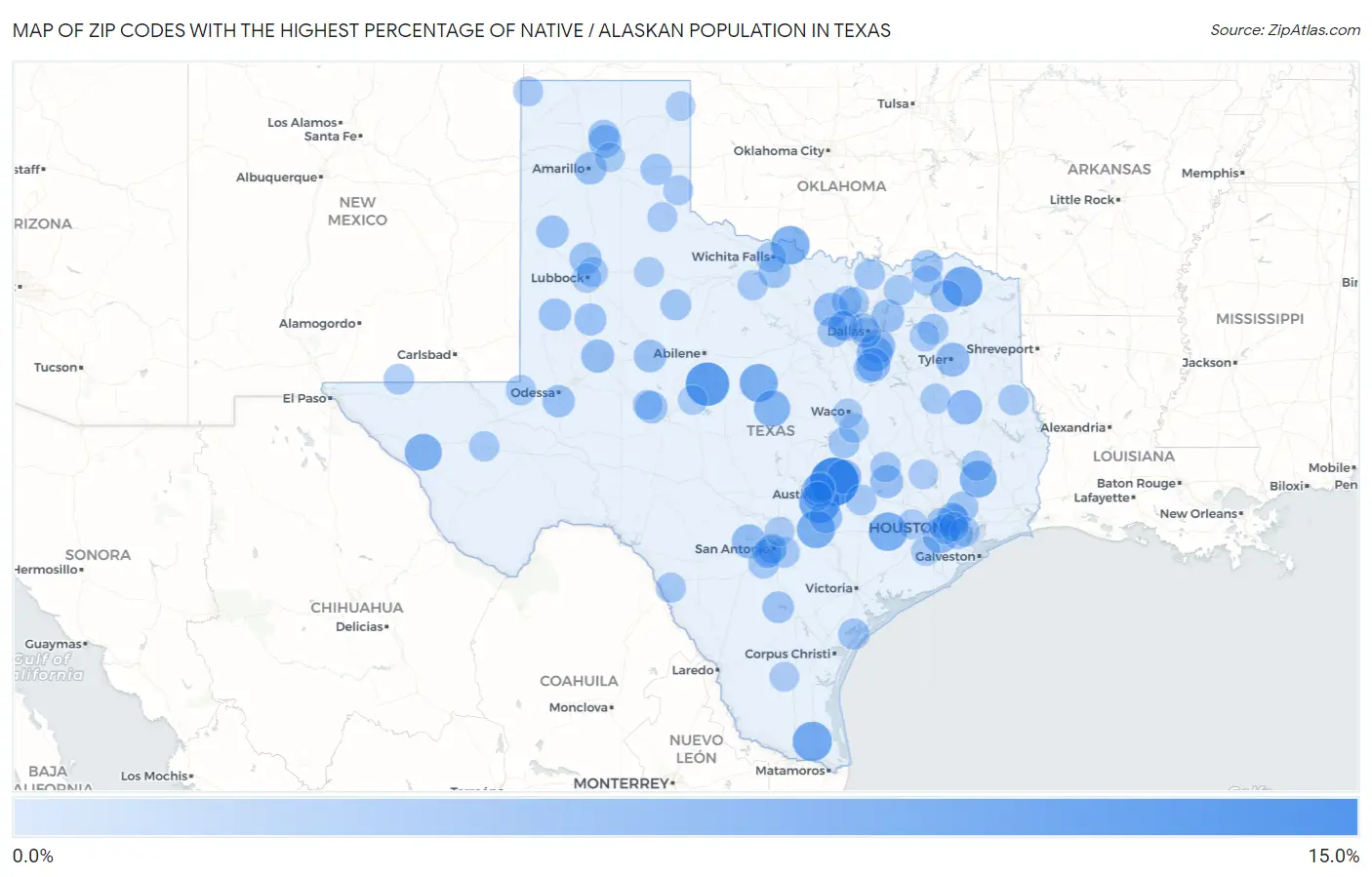 Zip Codes with the Highest Percentage of Native / Alaskan Population in Texas Map
