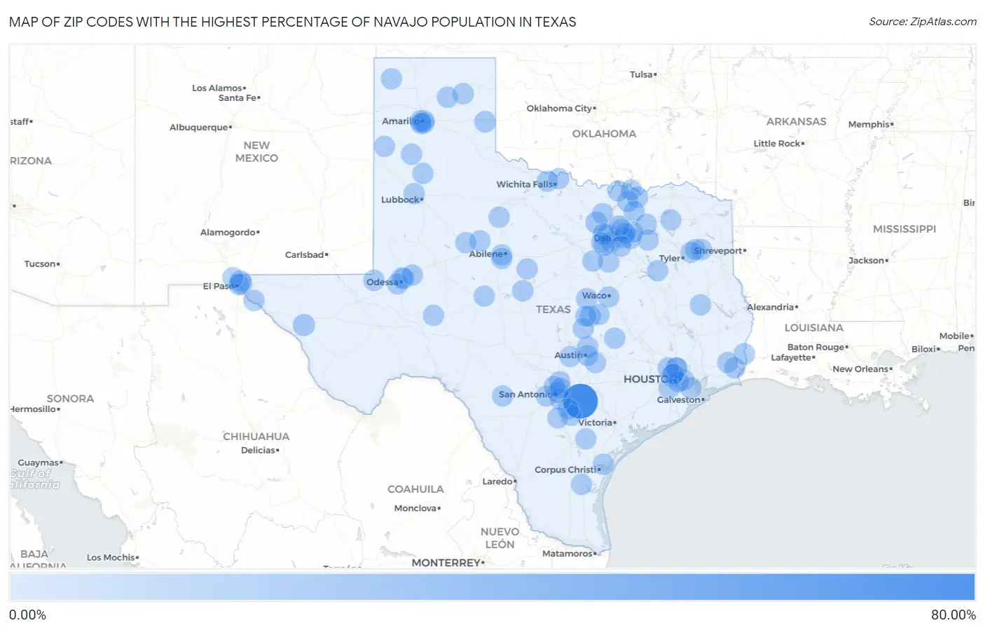 Zip Codes with the Highest Percentage of Navajo Population in Texas Map