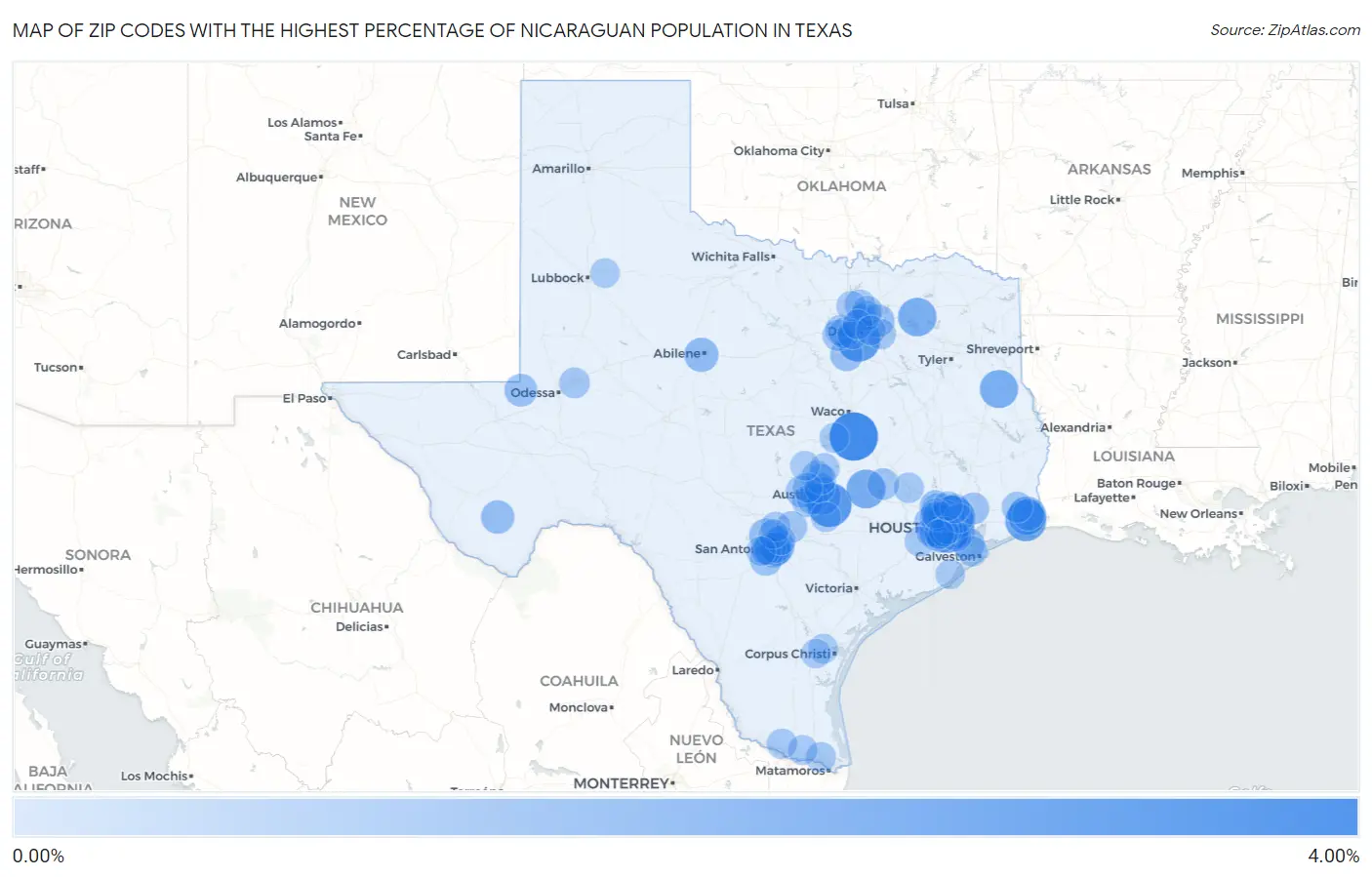 Zip Codes with the Highest Percentage of Nicaraguan Population in Texas Map