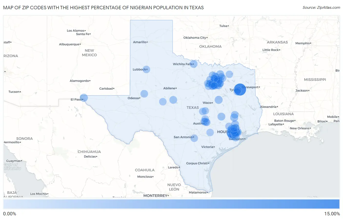 Zip Codes with the Highest Percentage of Nigerian Population in Texas Map