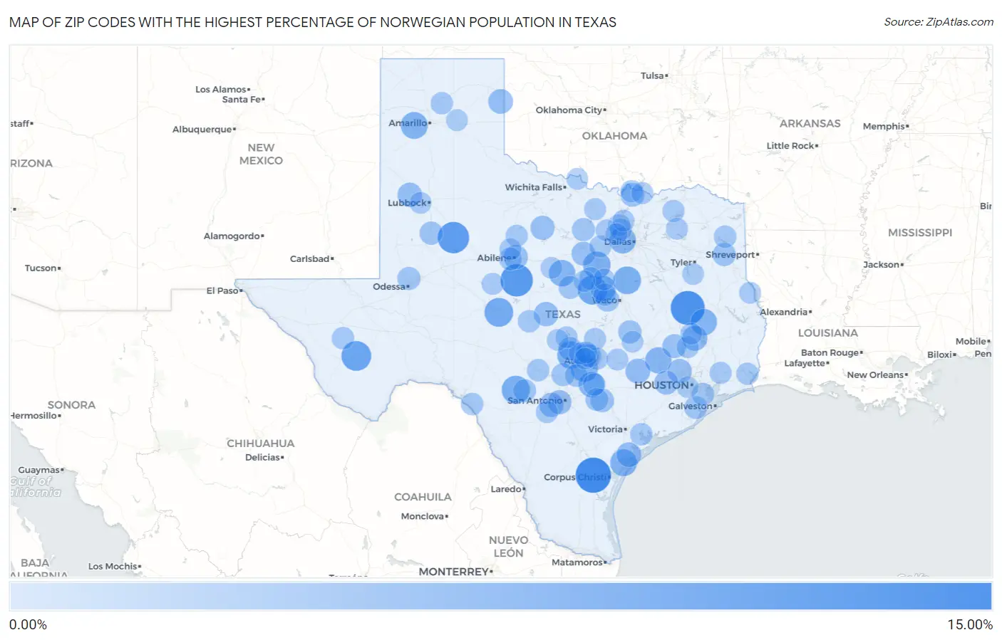 Zip Codes with the Highest Percentage of Norwegian Population in Texas Map