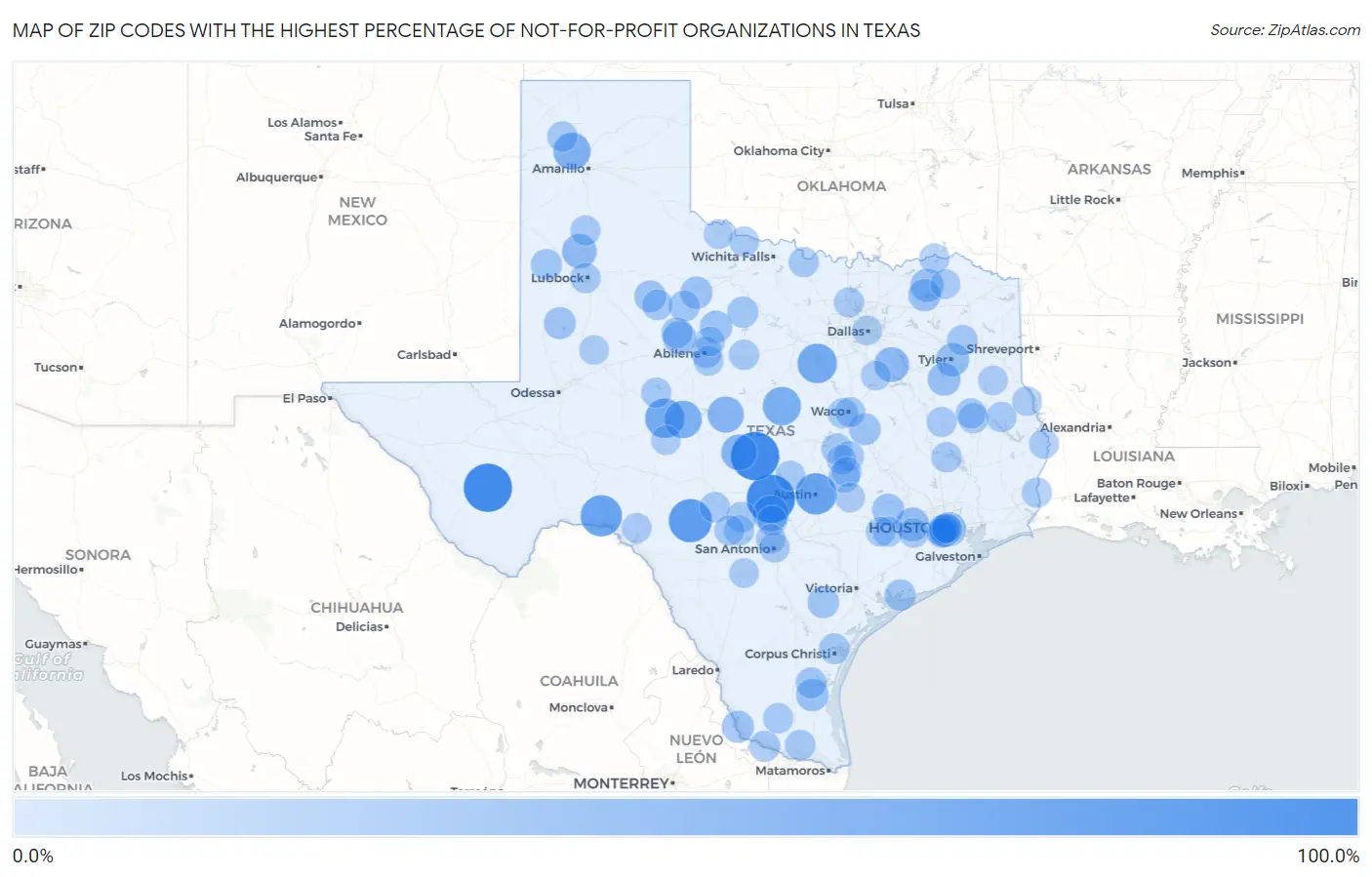 Zip Codes with the Highest Percentage of Not-for-profit Organizations in Texas Map
