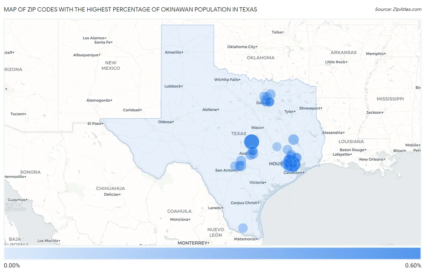 Zip Codes with the Highest Percentage of Okinawan Population in Texas Map