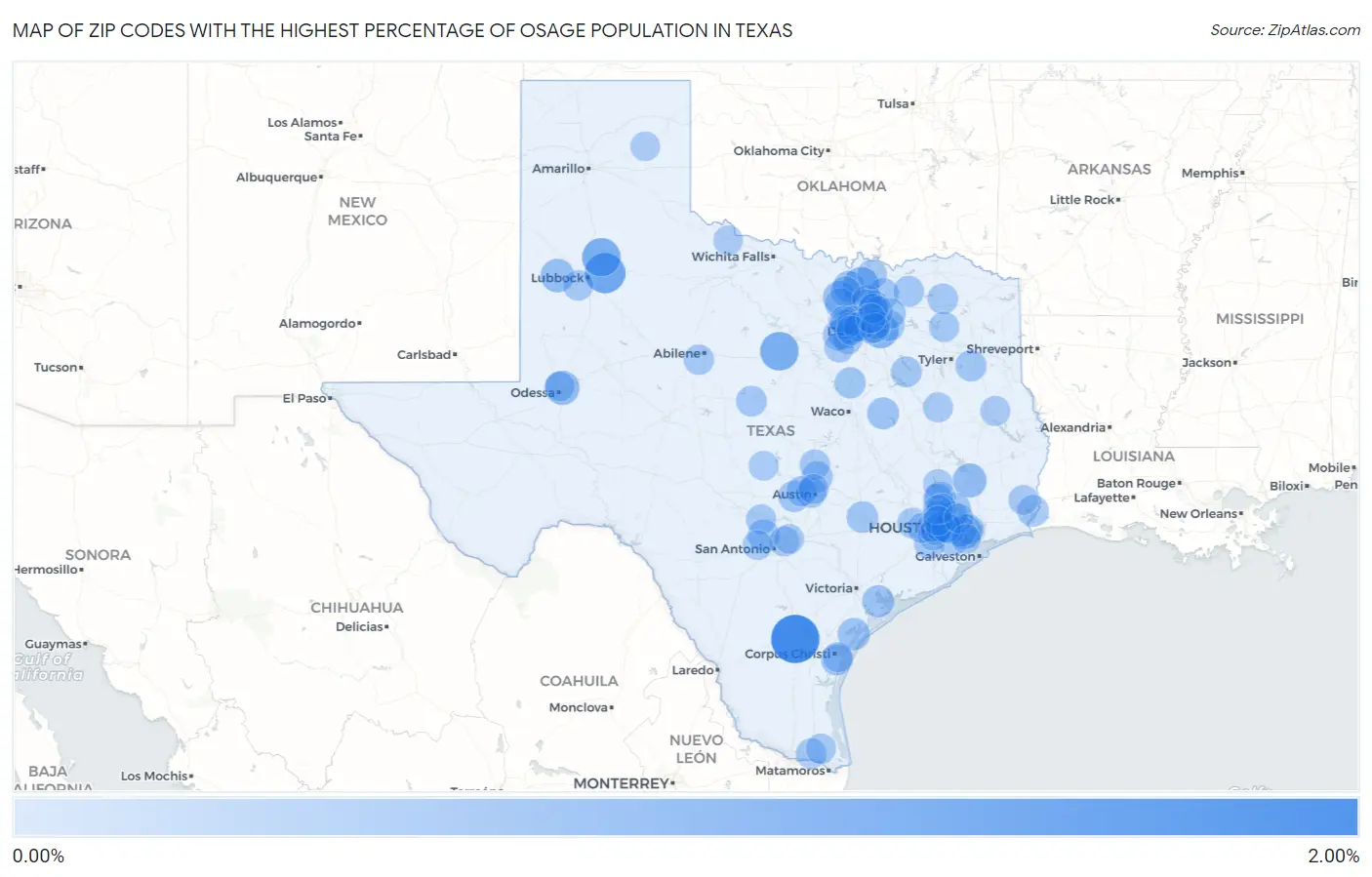 Zip Codes with the Highest Percentage of Osage Population in Texas Map