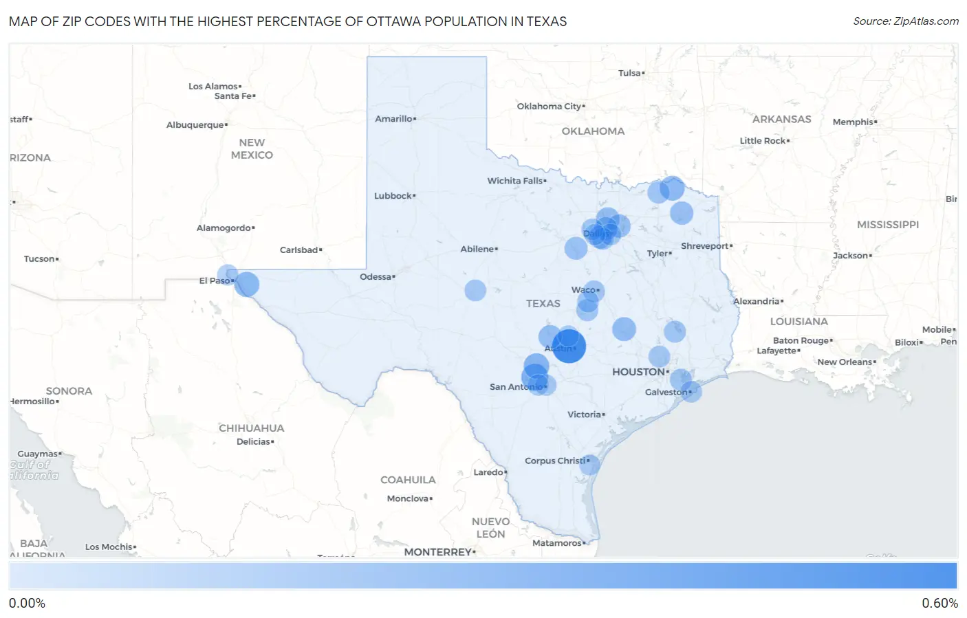 Zip Codes with the Highest Percentage of Ottawa Population in Texas Map