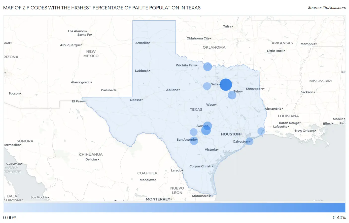 Zip Codes with the Highest Percentage of Paiute Population in Texas Map
