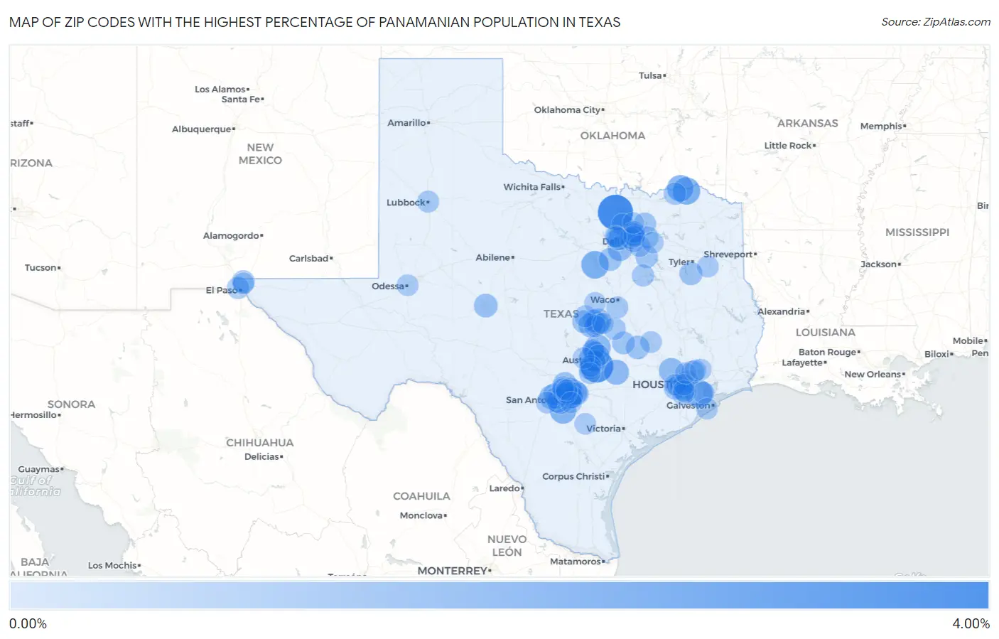 Zip Codes with the Highest Percentage of Panamanian Population in Texas Map
