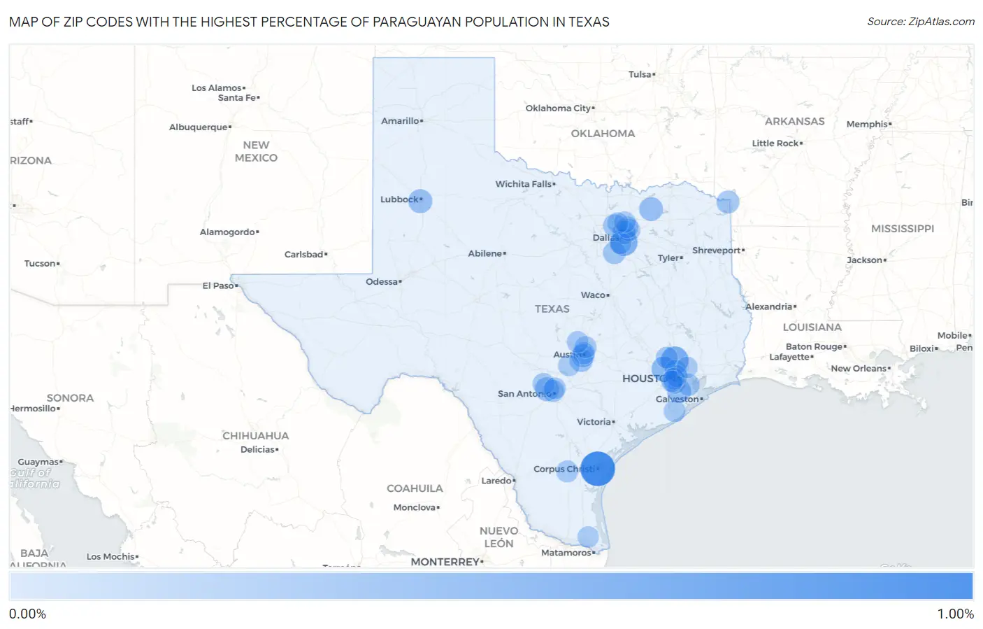 Zip Codes with the Highest Percentage of Paraguayan Population in Texas Map