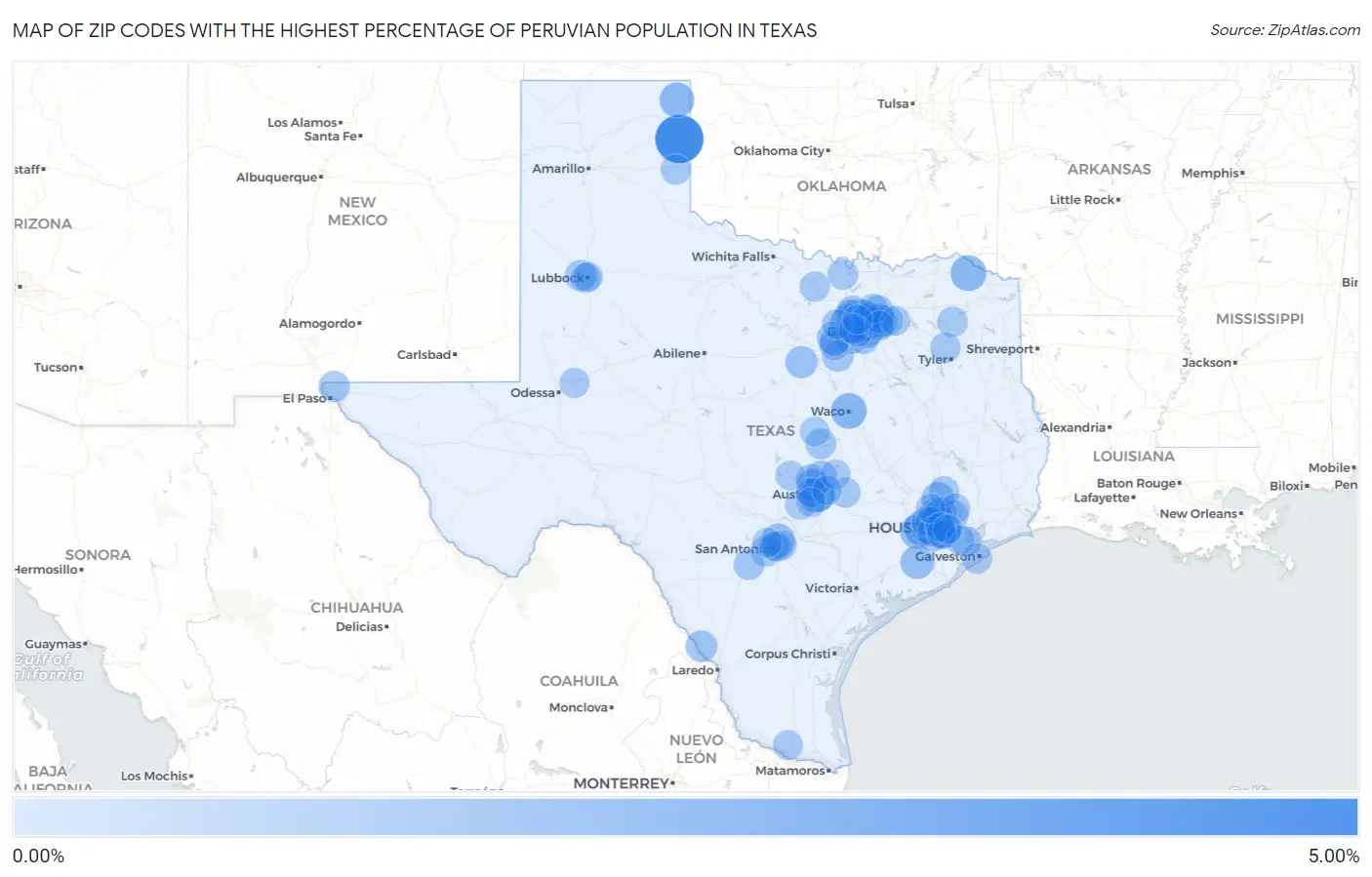 Zip Codes with the Highest Percentage of Peruvian Population in Texas Map