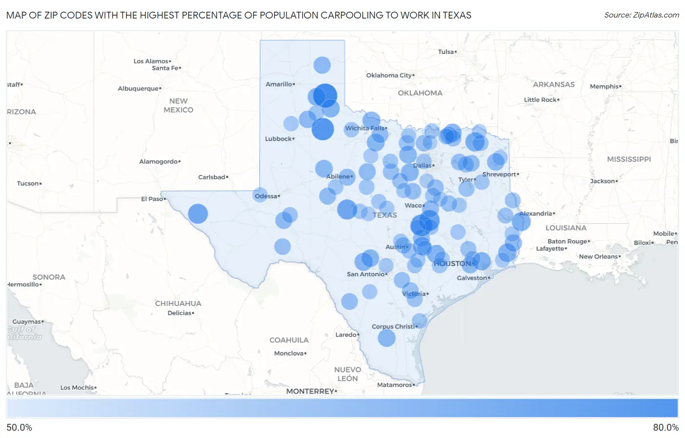 Zip Codes with the Highest Percentage of Population Carpooling to Work in Texas Map