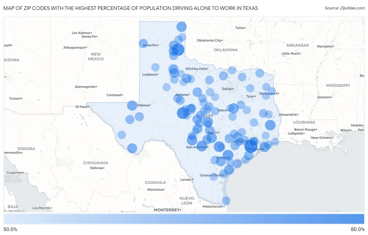 Zip Codes with the Highest Percentage of Population Driving Alone to Work in Texas Map