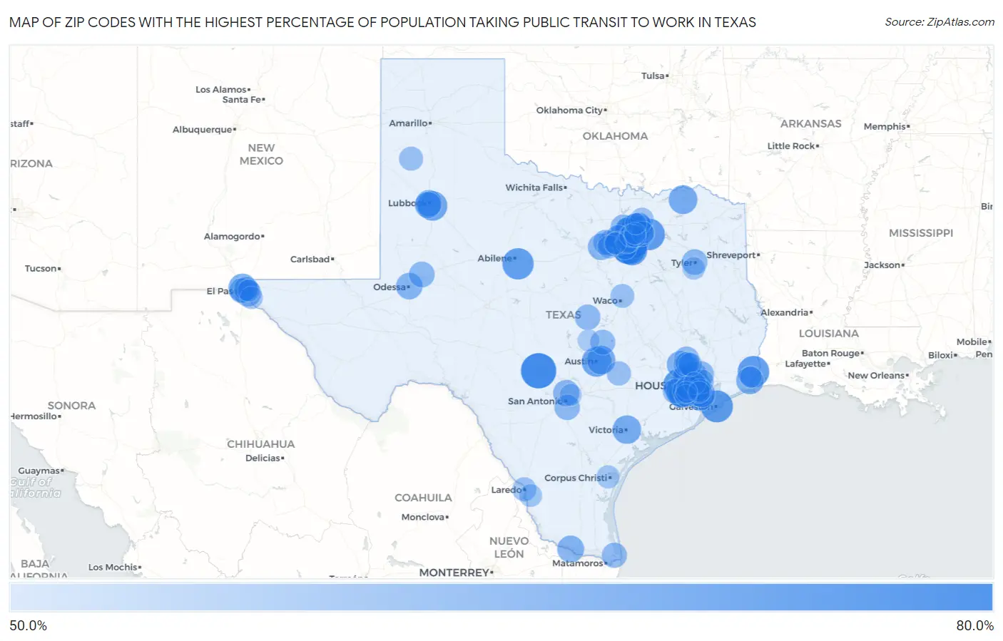 Zip Codes with the Highest Percentage of Population Taking Public Transit to Work in Texas Map