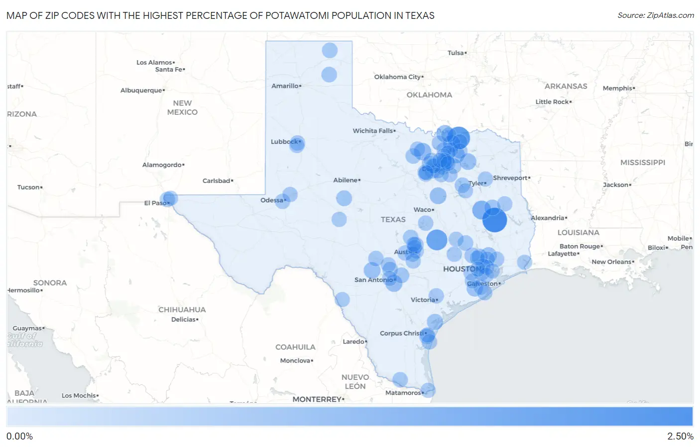 Zip Codes with the Highest Percentage of Potawatomi Population in Texas Map