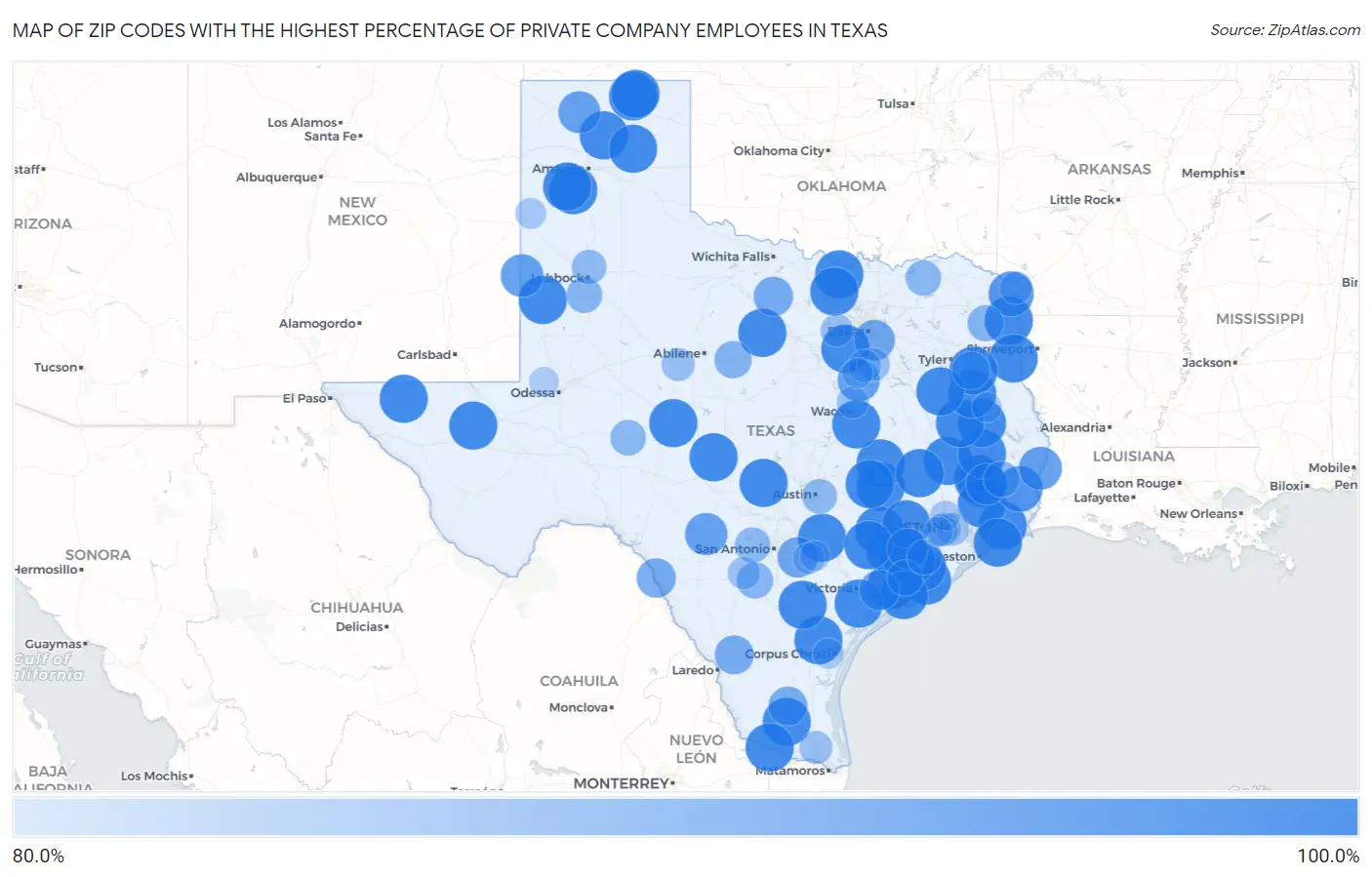 Zip Codes with the Highest Percentage of Private Company Employees in Texas Map