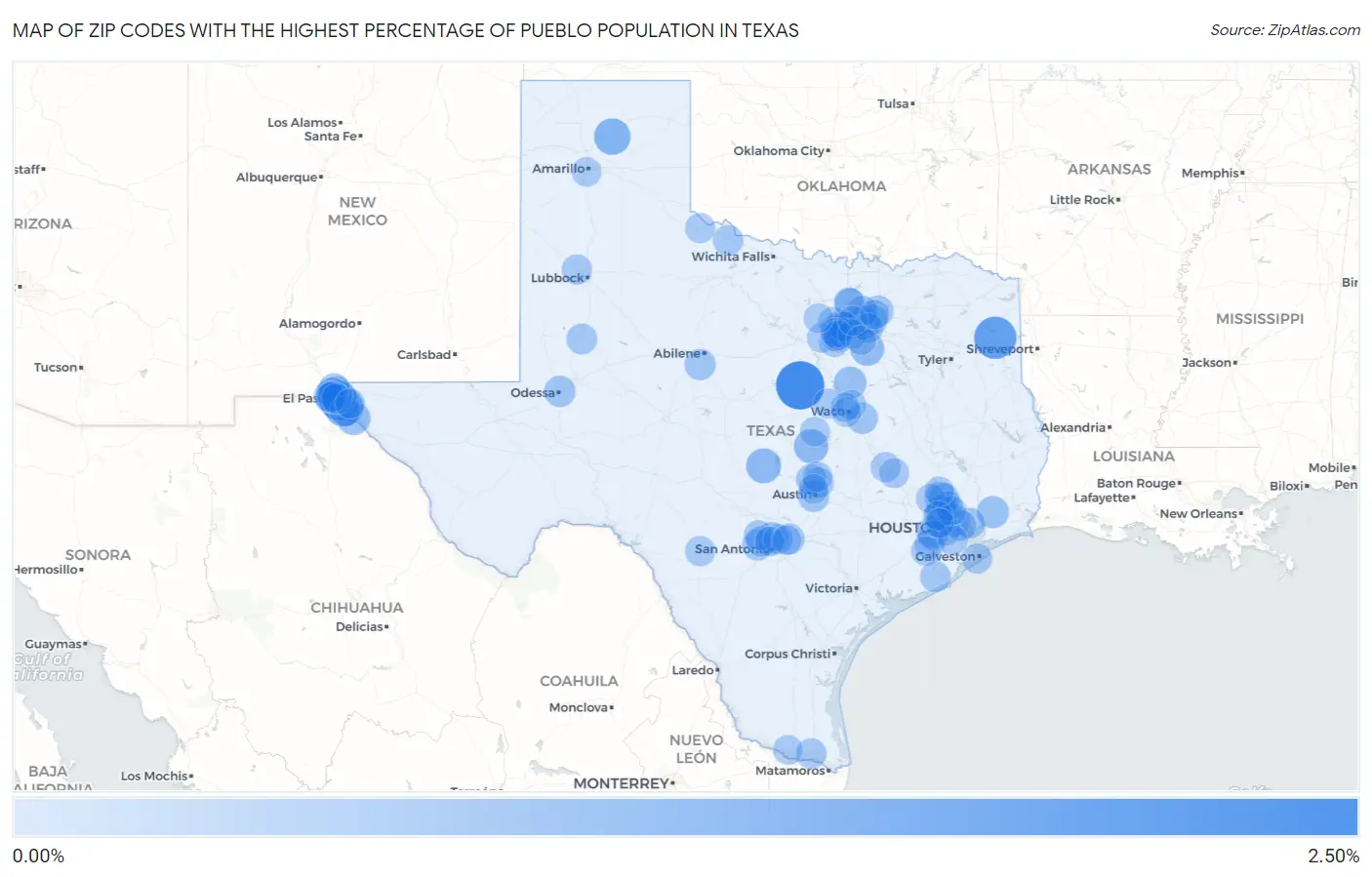 Zip Codes with the Highest Percentage of Pueblo Population in Texas Map