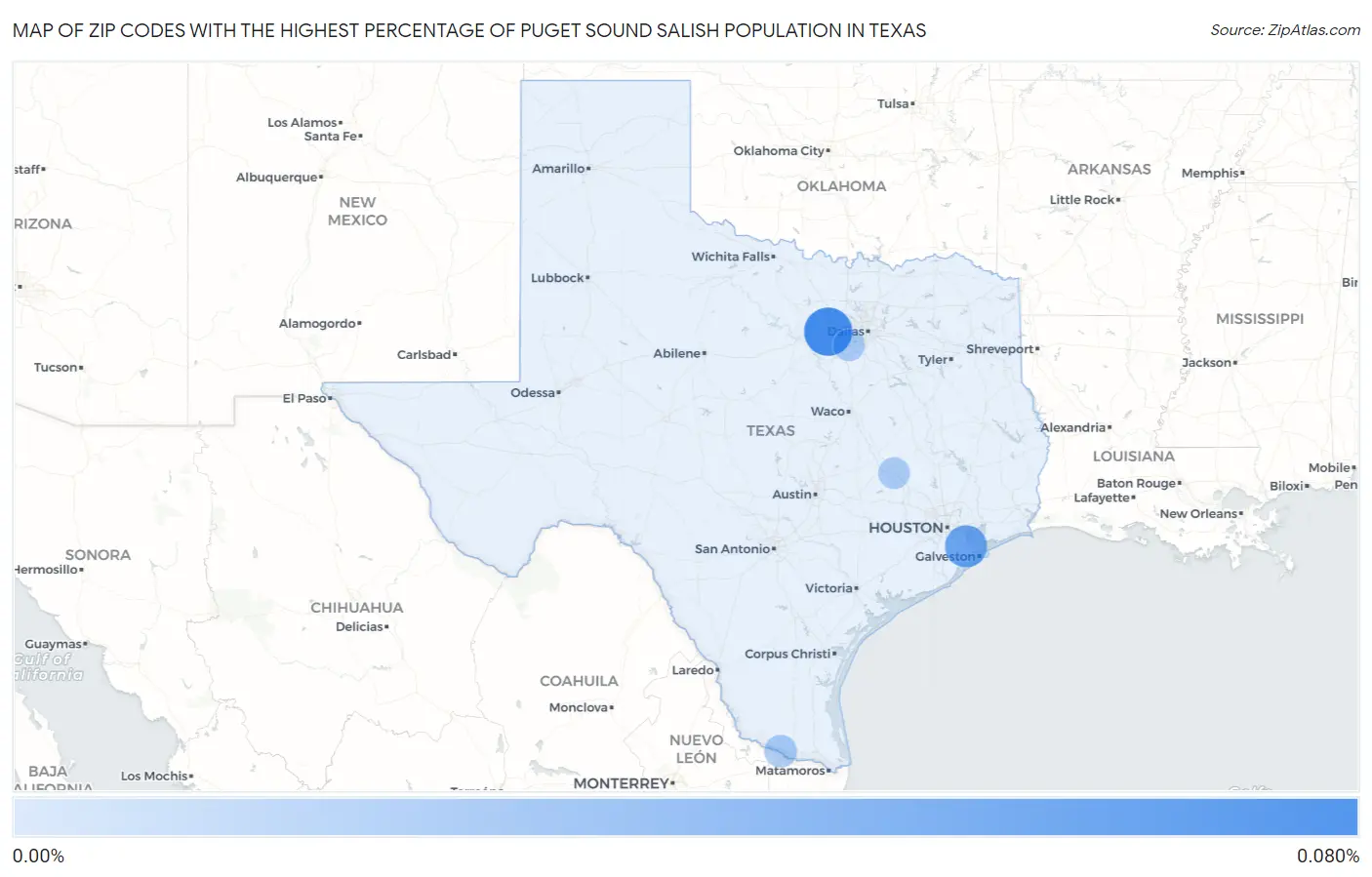 Zip Codes with the Highest Percentage of Puget Sound Salish Population in Texas Map