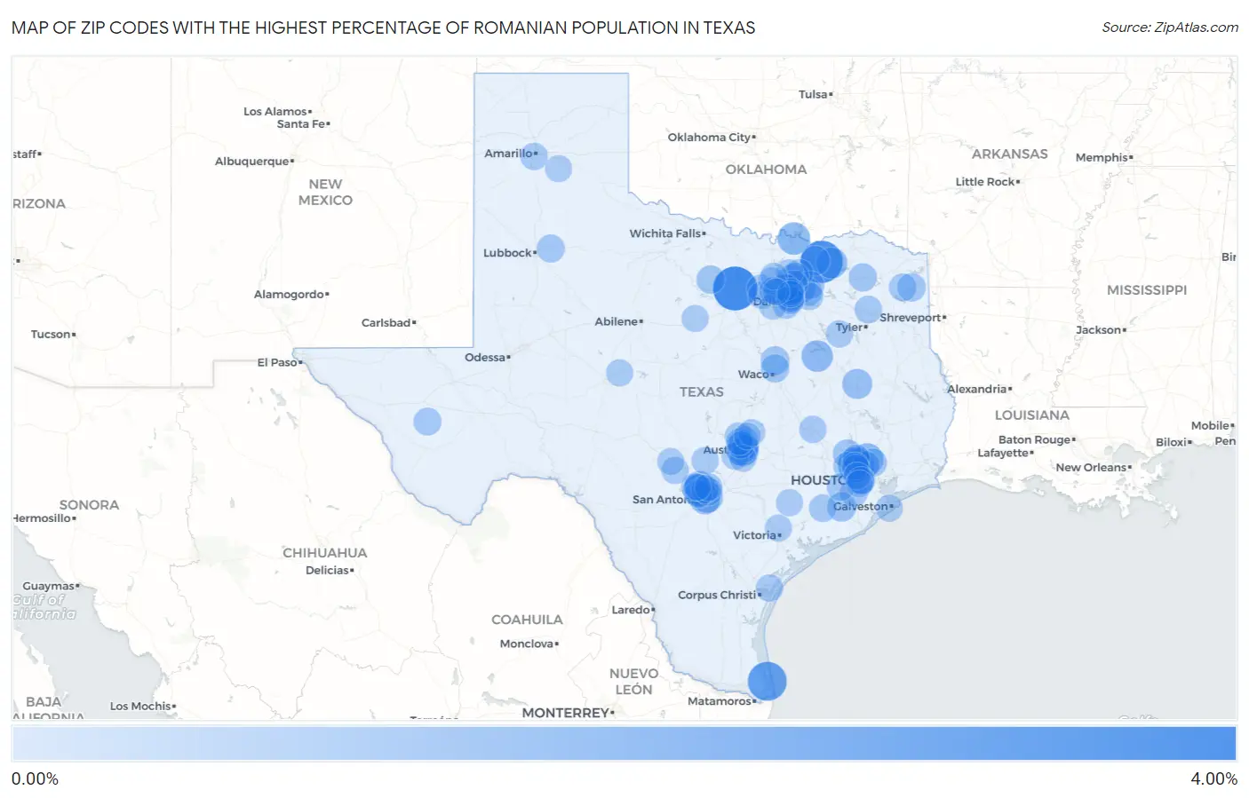 Zip Codes with the Highest Percentage of Romanian Population in Texas Map