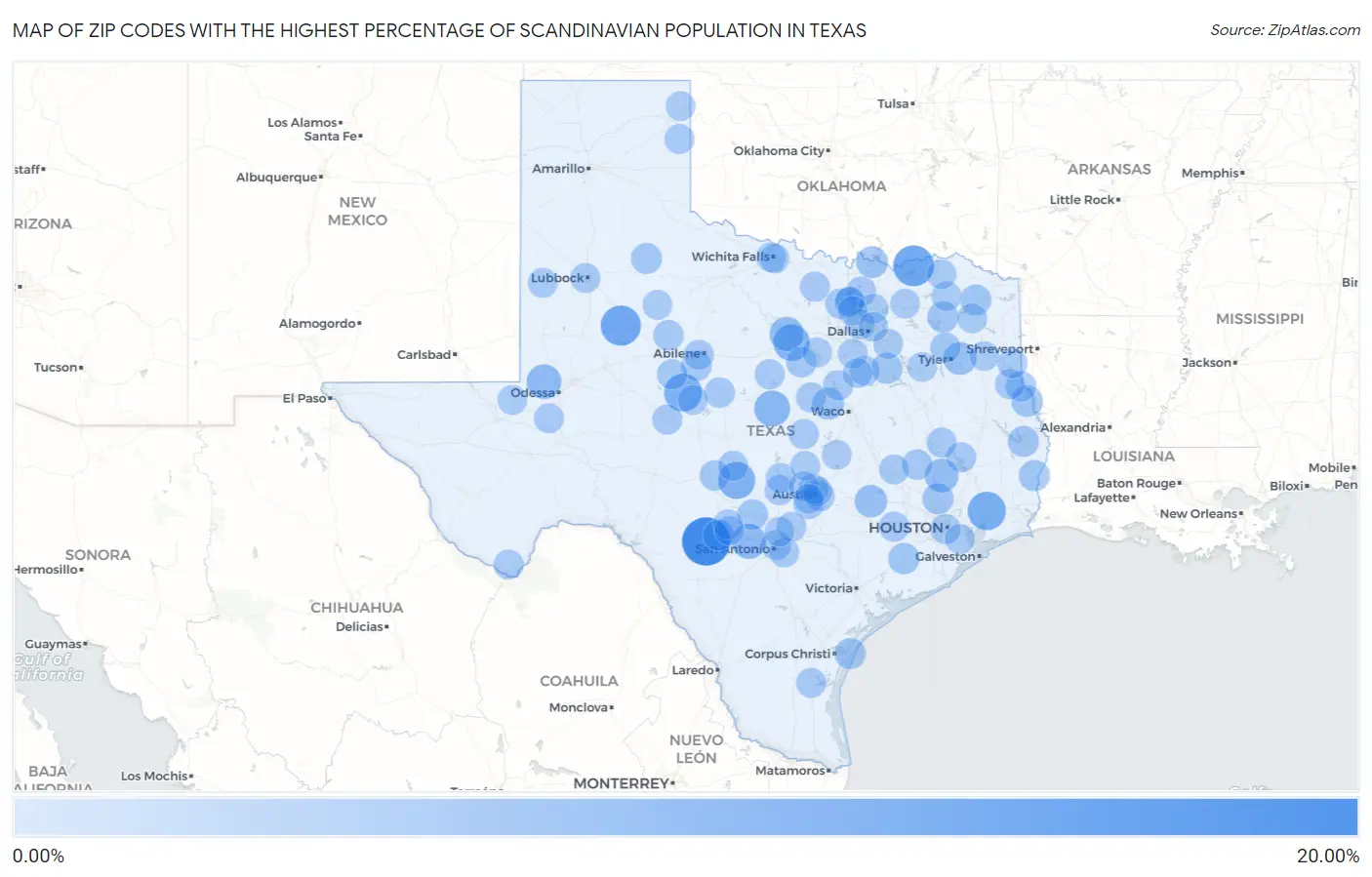 Zip Codes with the Highest Percentage of Scandinavian Population in Texas Map