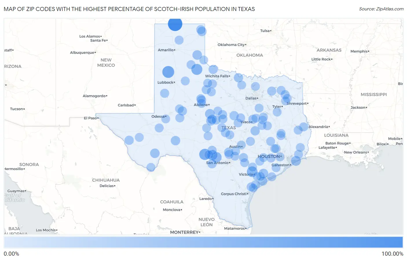 Zip Codes with the Highest Percentage of Scotch-Irish Population in Texas Map