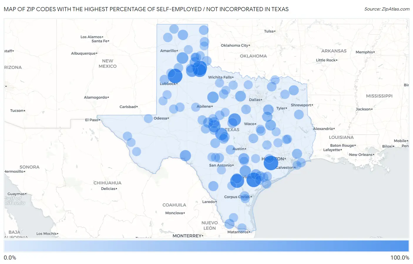 Zip Codes with the Highest Percentage of Self-Employed / Not Incorporated in Texas Map