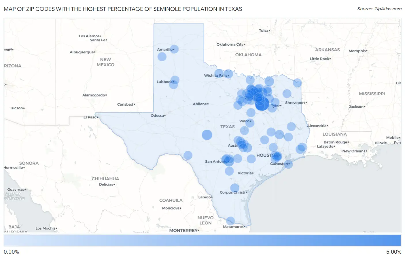Zip Codes with the Highest Percentage of Seminole Population in Texas Map