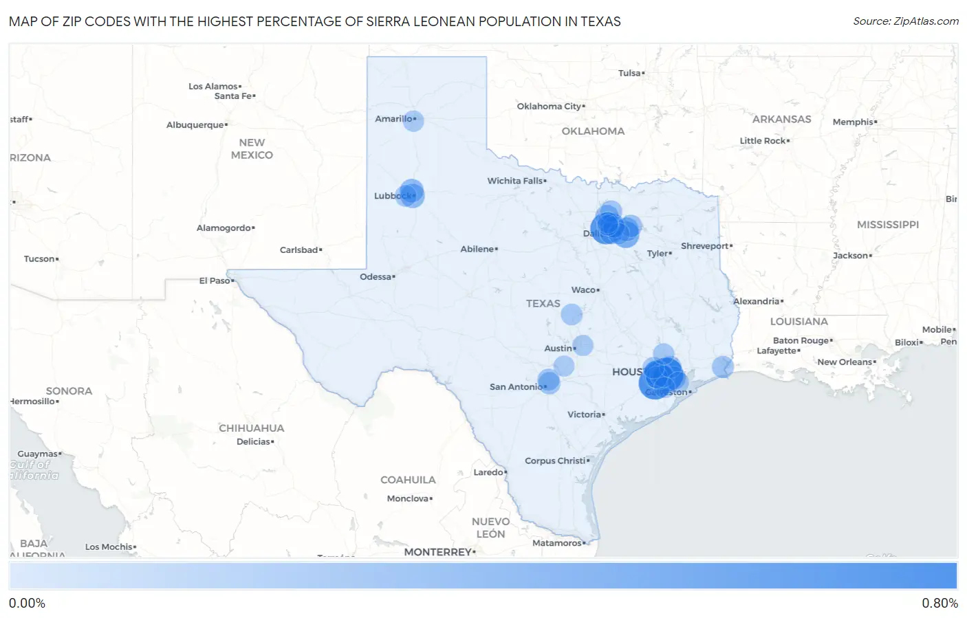 Zip Codes with the Highest Percentage of Sierra Leonean Population in Texas Map
