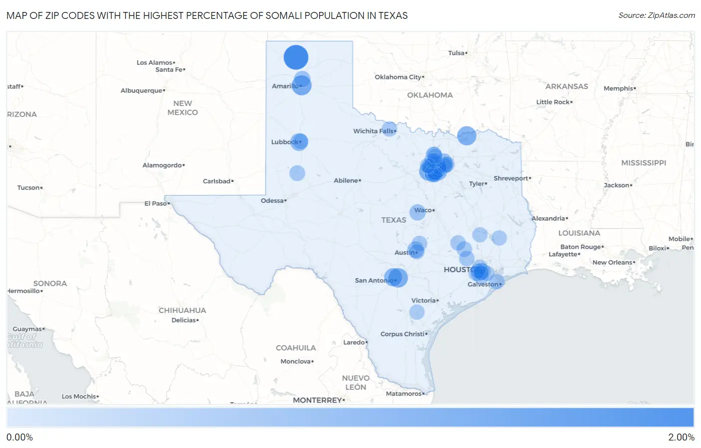 Zip Codes with the Highest Percentage of Somali Population in Texas Map