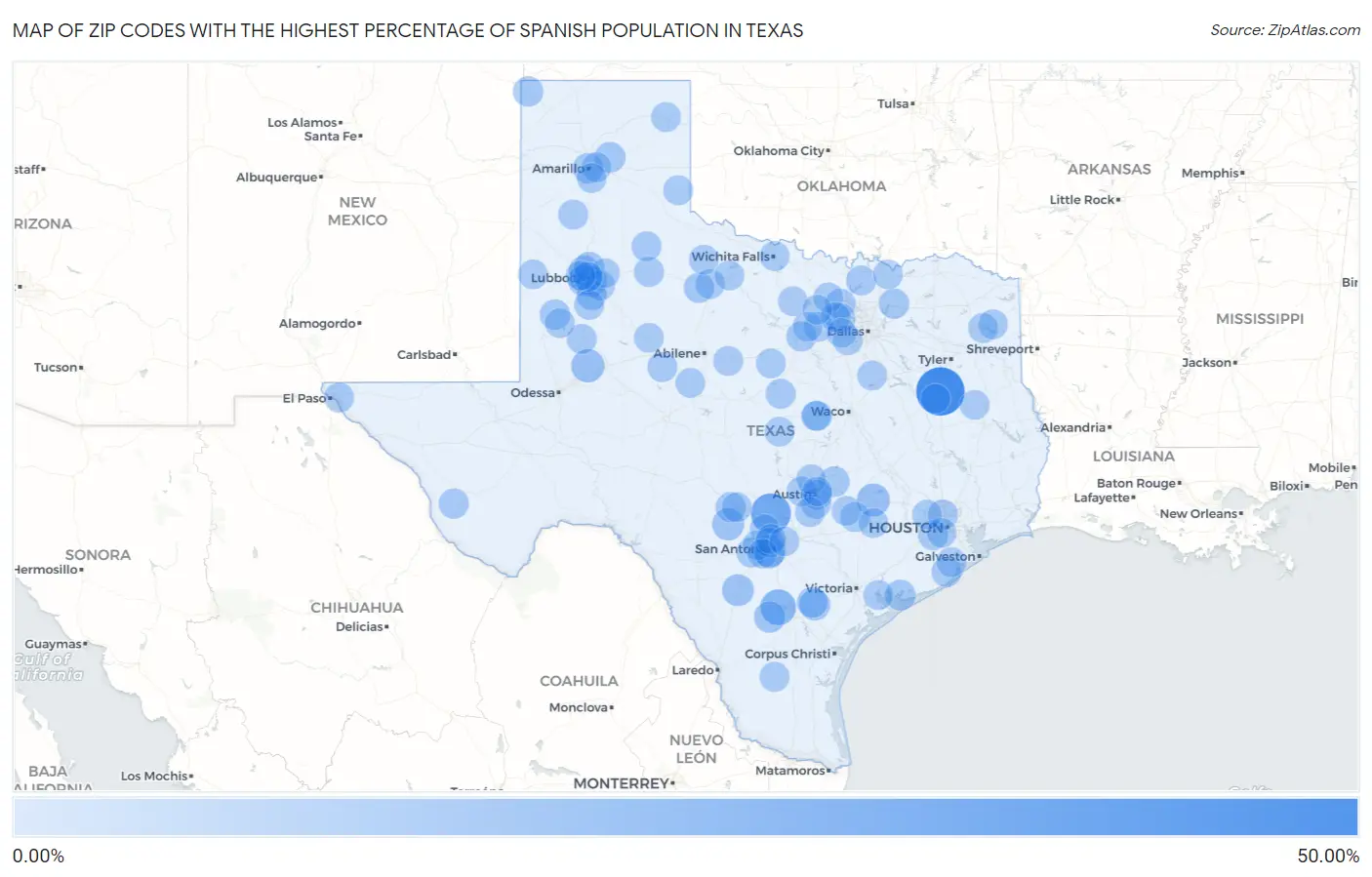 Zip Codes with the Highest Percentage of Spanish Population in Texas Map