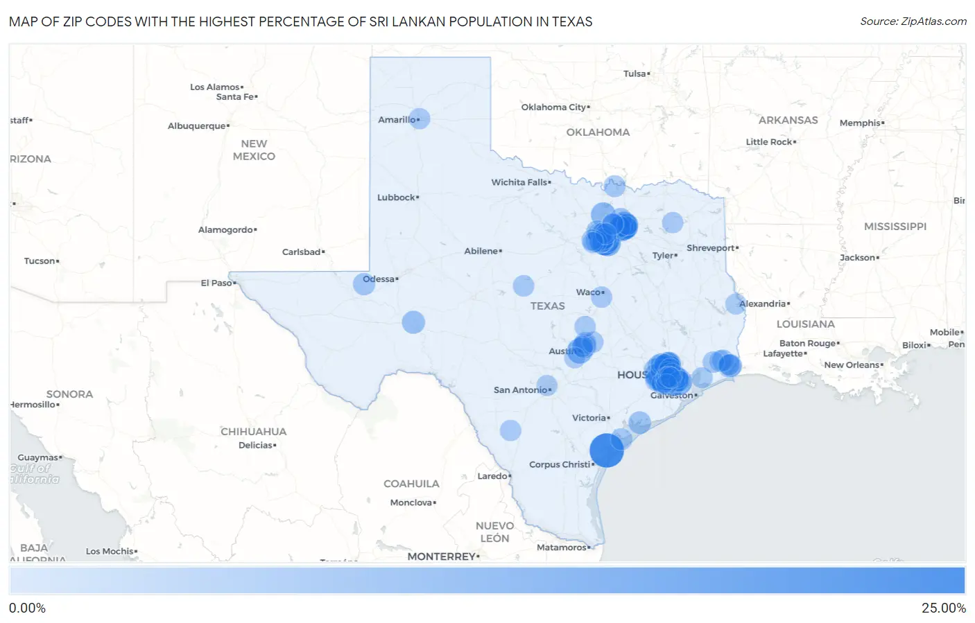 Zip Codes with the Highest Percentage of Sri Lankan Population in Texas Map