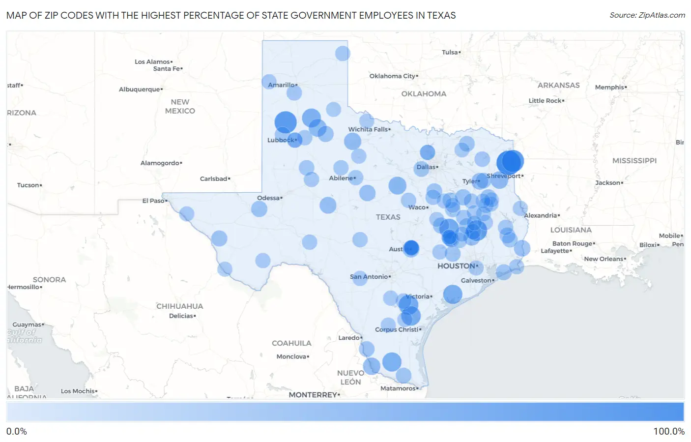 Zip Codes with the Highest Percentage of State Government Employees in Texas Map