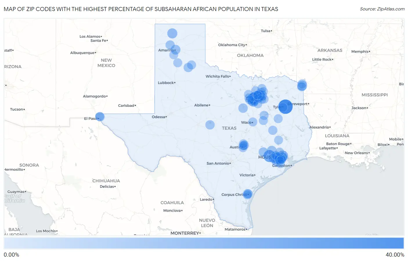 Zip Codes with the Highest Percentage of Subsaharan African Population in Texas Map